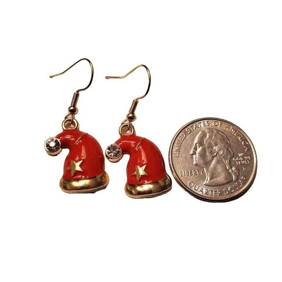 Gold Alloy Christmas Hat Dangle Earrings - Picture 2 of 2